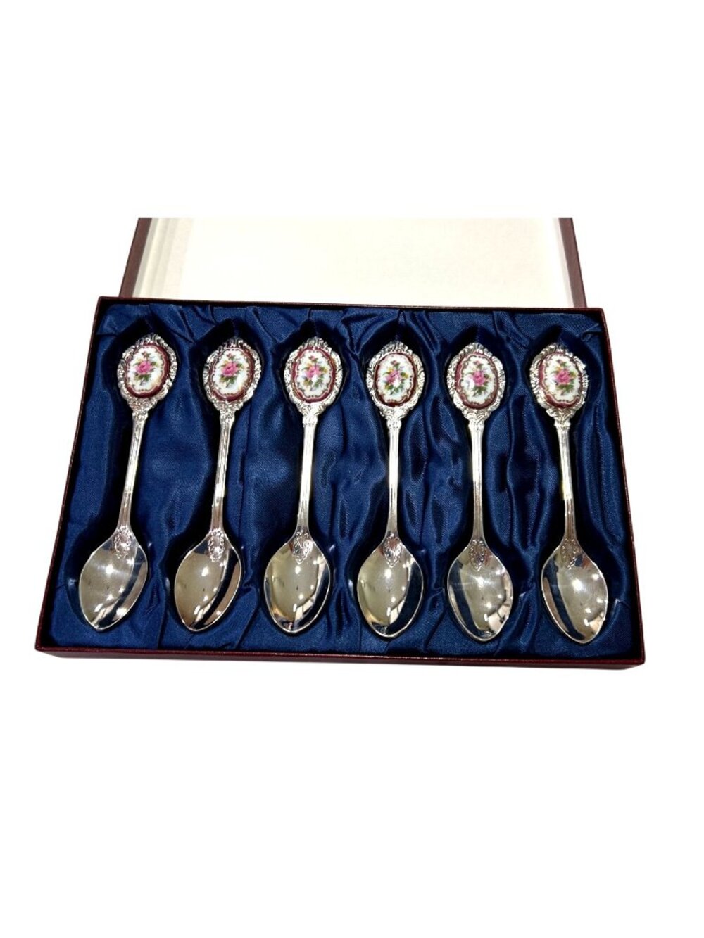 Vtg Silverplate Dessert Spoons Porcelain Floral Handle Inset - Boxed Set of 6 Ko
